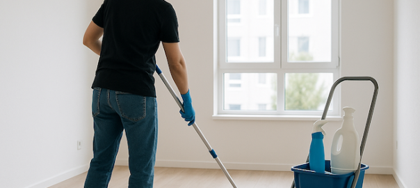 Person utför flyttstädning i nyproducerad lägenhet med tomma vita väggar, stora fönster och rengöringsutrustning